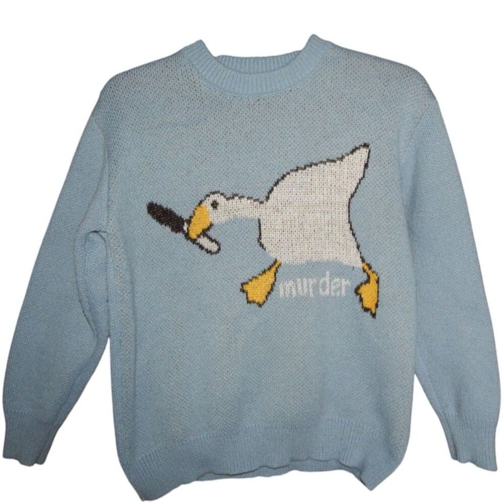 unisex men's women's small blue knitted duck dark humor graphic t-shirt